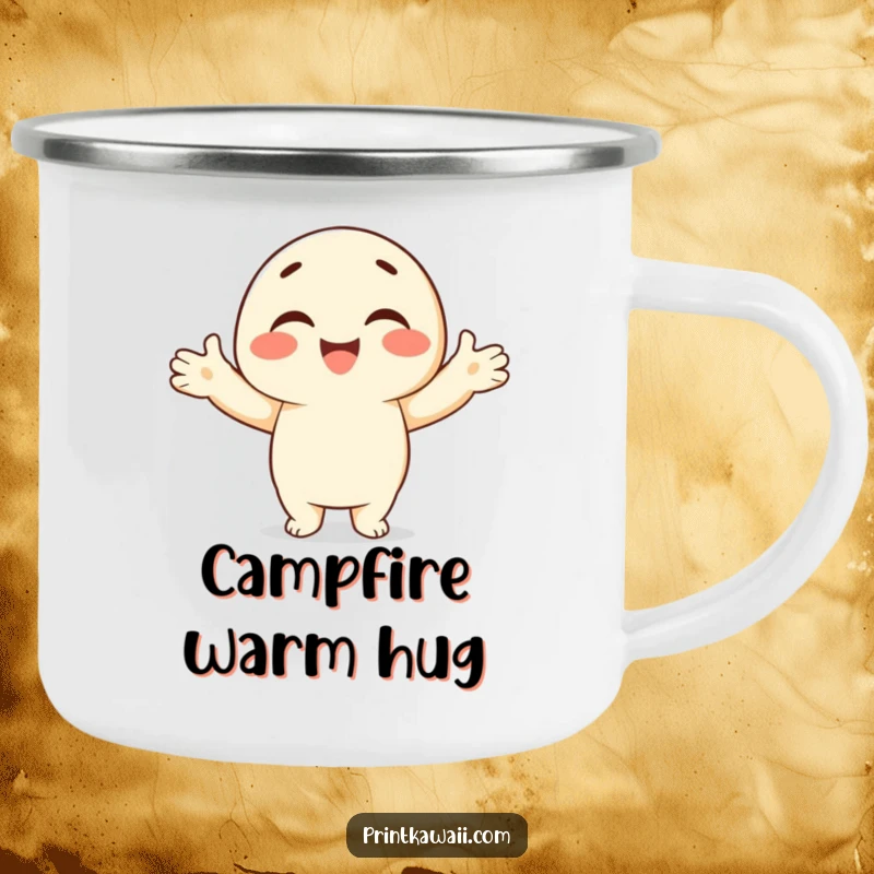 Funny camping mug featuring a smiling character offering an embrace, perfect for outdoor enjoyment.