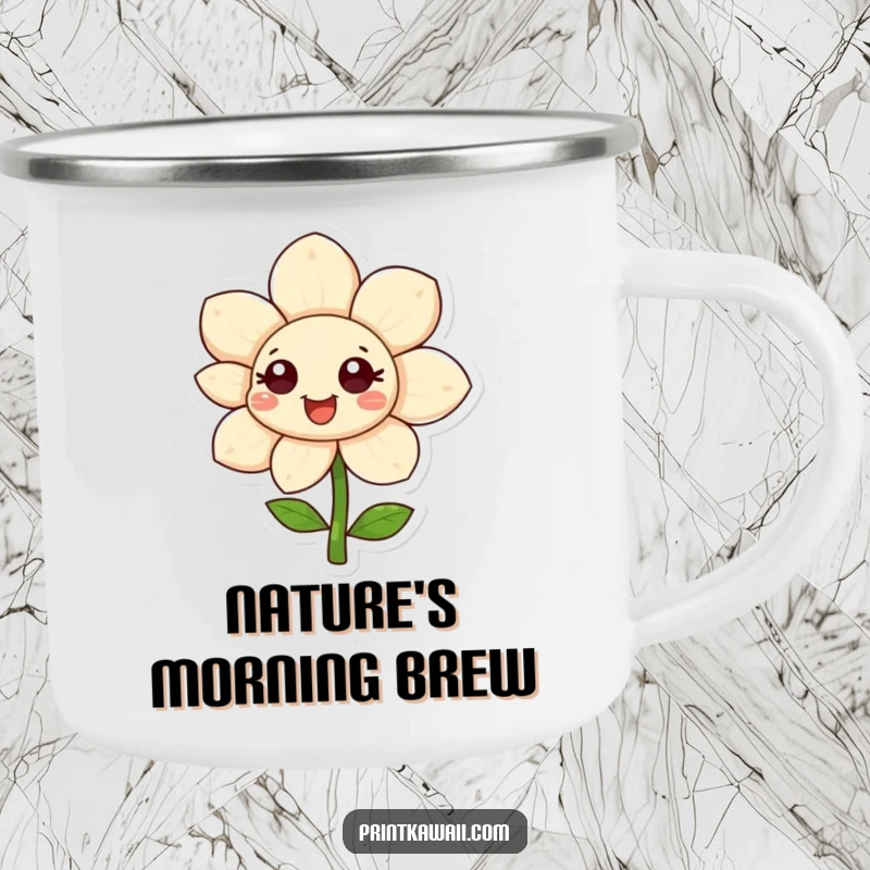 Funny happy flower character on a camping mug, petals unfurling, perfect for outdoor adventures with a cheerful, floral touch, funny gift.