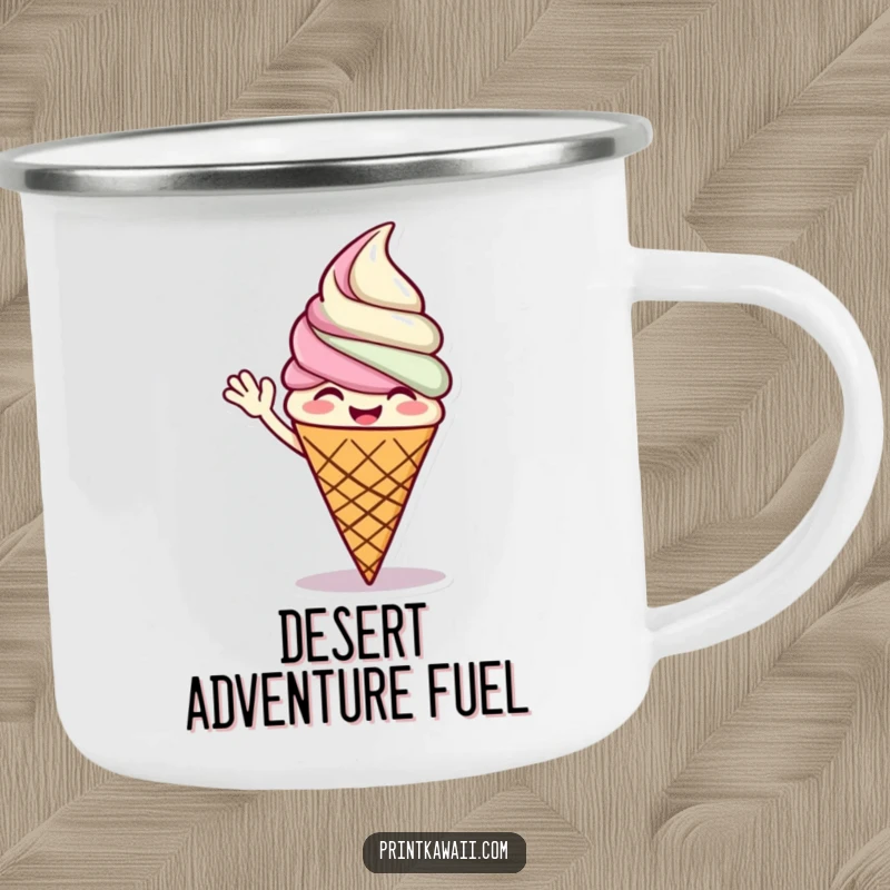Funny camping mug featuring a giggling ice cream cone character waving, perfect for enjoying hot drinks during outdoor activities with a sweet companion.