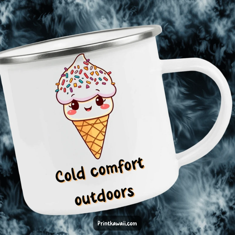 Funny ice cream cone camping mug with fun sprinkle hair, enjoying the outdoors, a great funny gift.