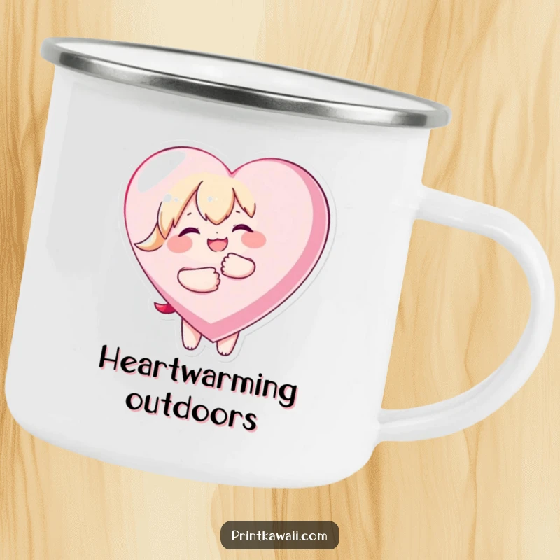 Funny camping mug showing a kawaii character joyfully embracing a large heart, perfect for outdoor trips and expressing affection.