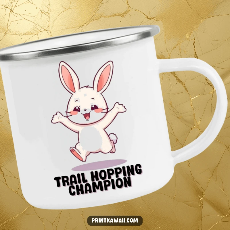Funny camping mug with a playful bunny character in a happy leap, perfect for enjoying drinks with a touch of joy outdoors.