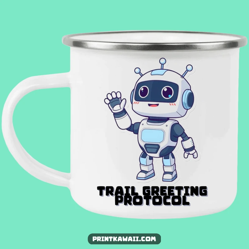 Funny Robot Waving Enamel Camping Mug: Adventure with a Hello