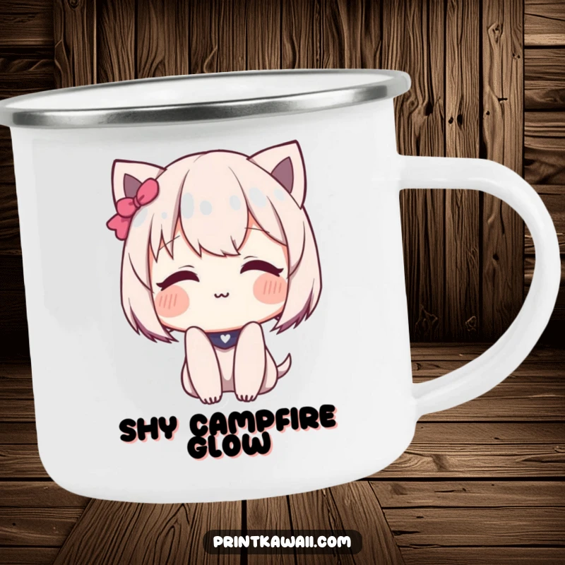 Funny Kawaii Camping Mug showing a cute character blushing deeply with a sweet, shy smile.