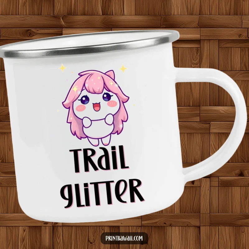 Funny Camping Mug showcasing a stylized sparkle character radiating delight, perfect for enjoying beverages outdoors with a cheerful, shimmering vibe.