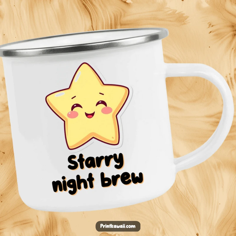 Funny camping mug featuring a smiling star character beaming with happiness, perfect for enjoying hot beverages during outdoor adventures.