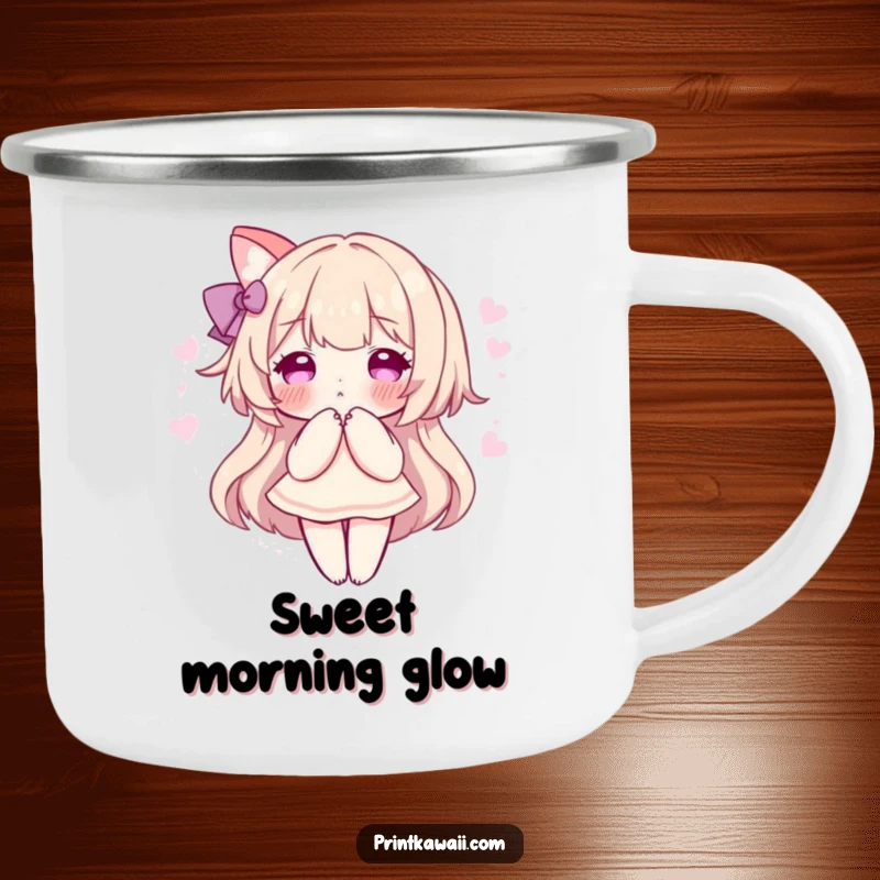 Funny camping mug with a character in a sweet pose, surrounded by a soft, pink aura, perfect for outdoor use and gentle charm.