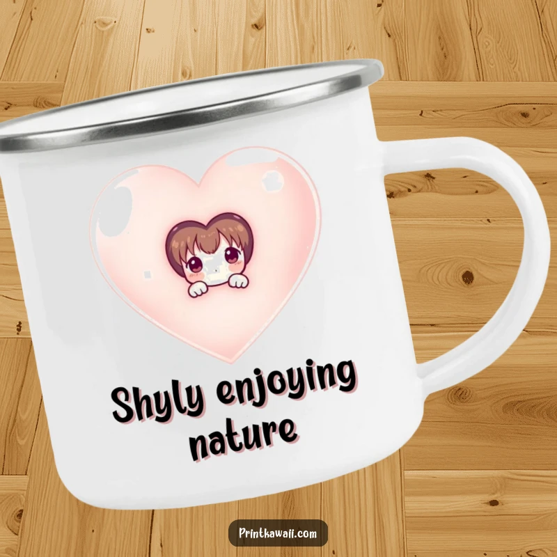 Funny camping mug with a shy character peeking from behind a shimmering heart, perfect for enjoying beverages outdoors discreetly.