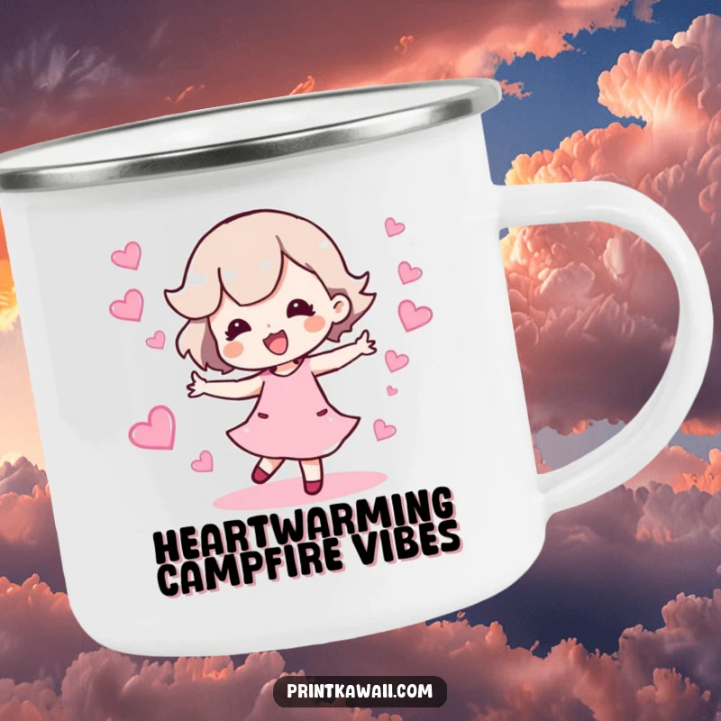 Funny camping mug with a character dancing happily leaving a trail of sparkling hearts, perfect for cheerful adventures.