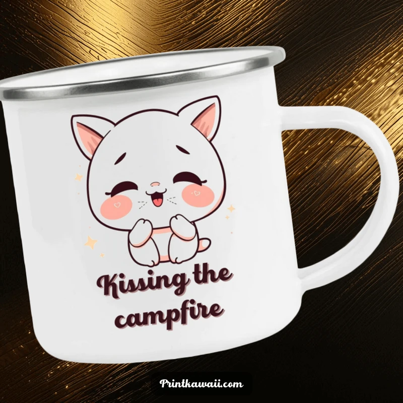 Funny Kawaii Kiss Camping Mug: Character giggling, blowing glittery kisses, perfect for outdoor drinks.