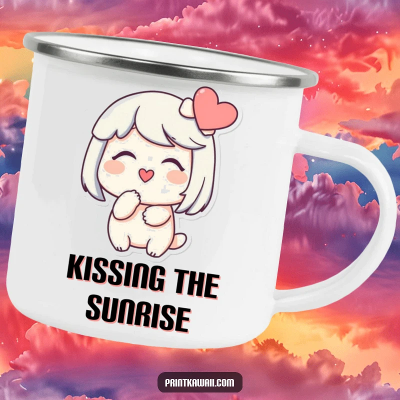 Funny camping mug with a character smiling gently, blowing a kiss towards a heart, perfect for outdoor use and showing affection.