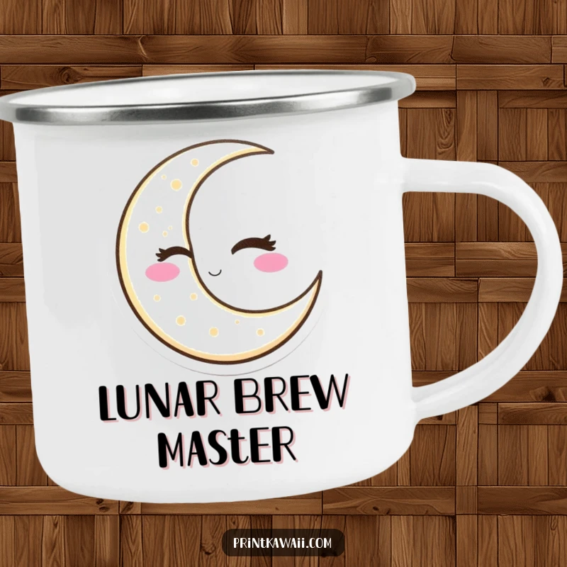 Funny Winking Moon Camping Mug featuring a slyly winking crescent moon character, ideal for outdoor sipping with celestial humor, a rugged funny gift.