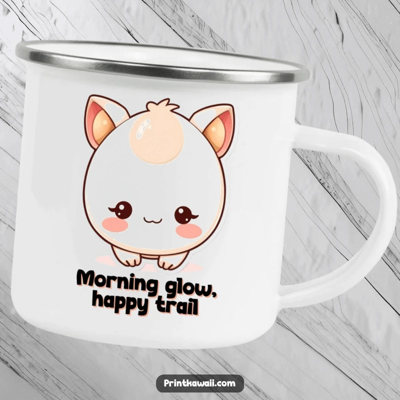 Funny camping mug featuring a cute kawaii character with blushing cheeks and twinkling eyes, perfect for outdoor fun.