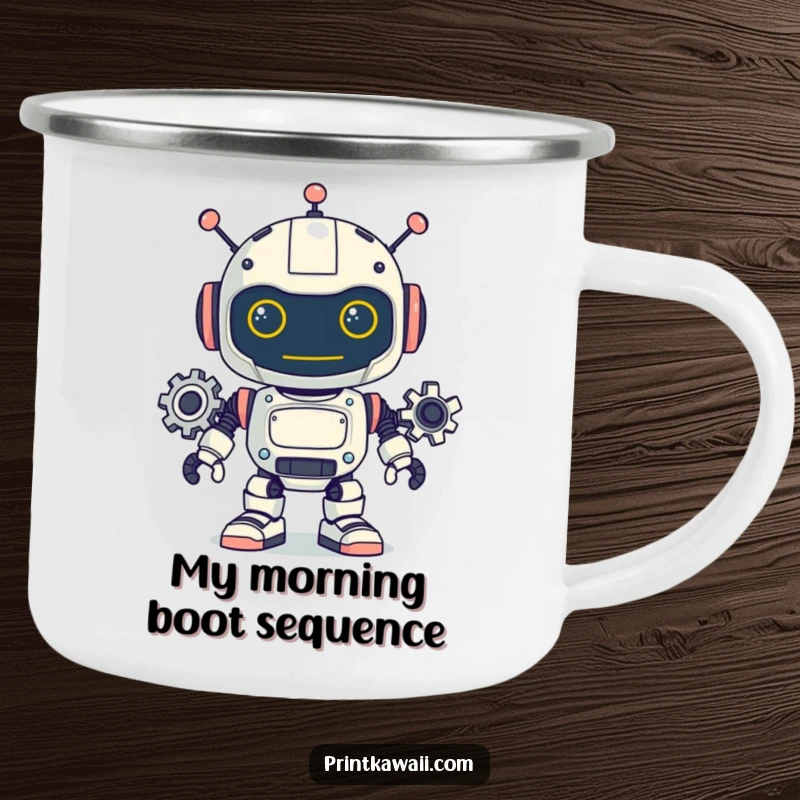 Funny camping mug featuring a playful robot character with its gears turning, ideal for enjoying hot beverages during outdoor excursions.