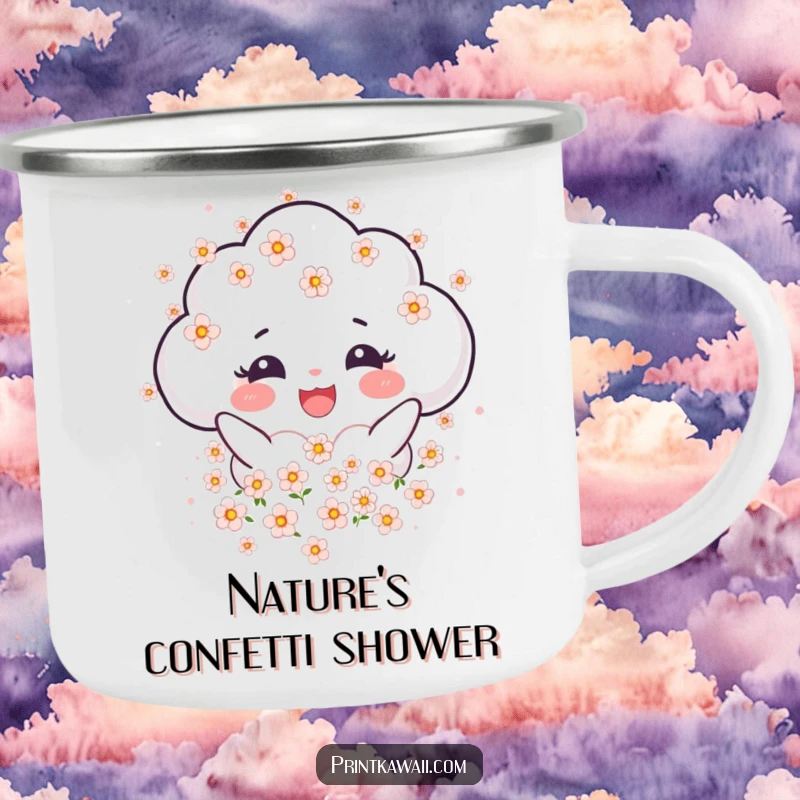 Funny Camping Mug featuring a joyful cloud character showering blossoms, perfect for serene sips in the great outdoors.