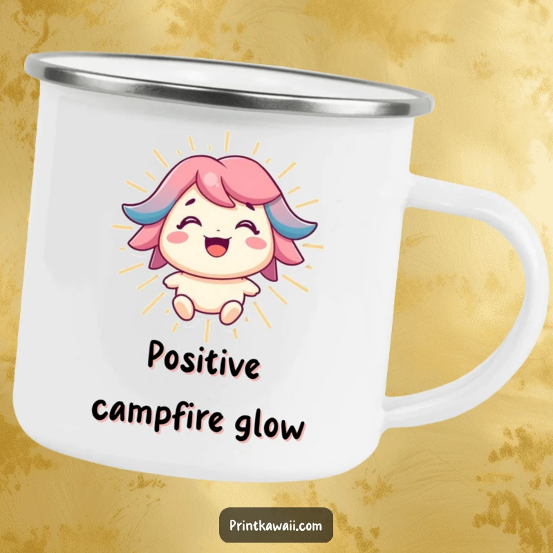 Funny camping mug with a character smiling brightly and radiating positive energy, perfect for cheerful outdoor adventures.