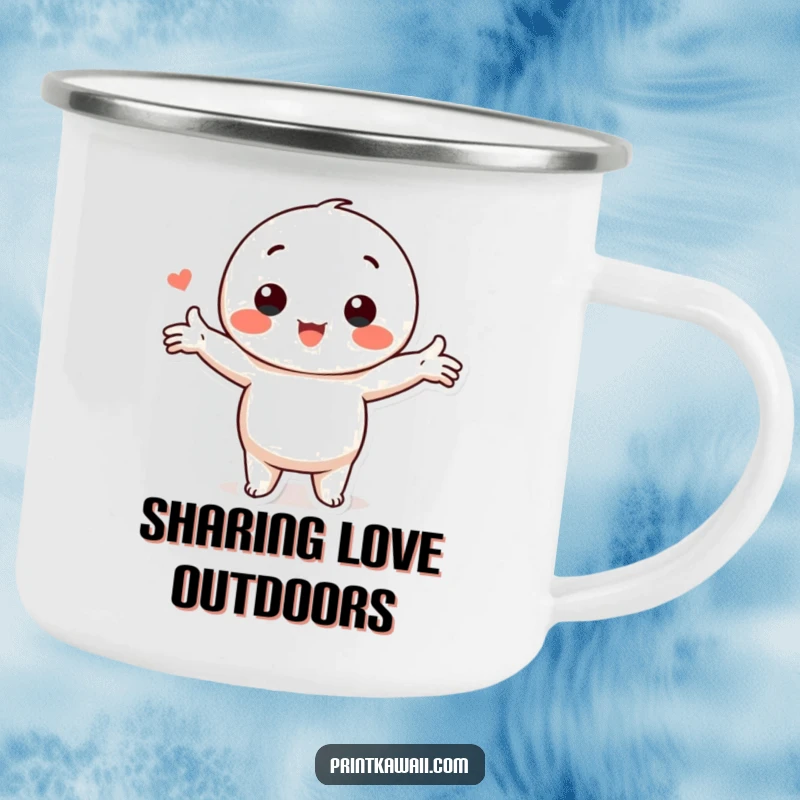 Funny Kawaii Love Camping Mug: Character in a loving pose with arms outstretched, perfect for outdoor drinks.