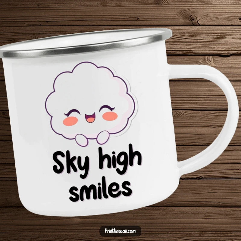 Funny enamel camping mug featuring a cloud character lost in delightful giggles, perfect for enjoying drinks outdoors with humor.