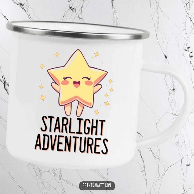 Funny camping mug depicting a star character joyfully spinning, ideal for outdoor adventures and spreading cheer, a funny gift.