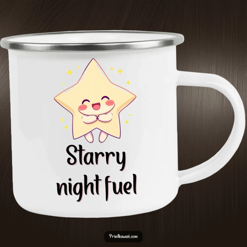 Funny camping mug with a character smiling and hugging a large, sparkling star, perfect for enjoying beverages outdoors.