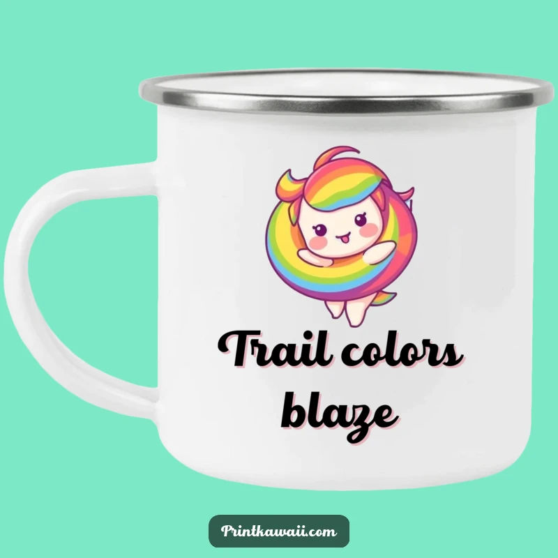 Funny Camping Mug: Twirling Rainbow Swirl Character, Adventure-Ready Humor