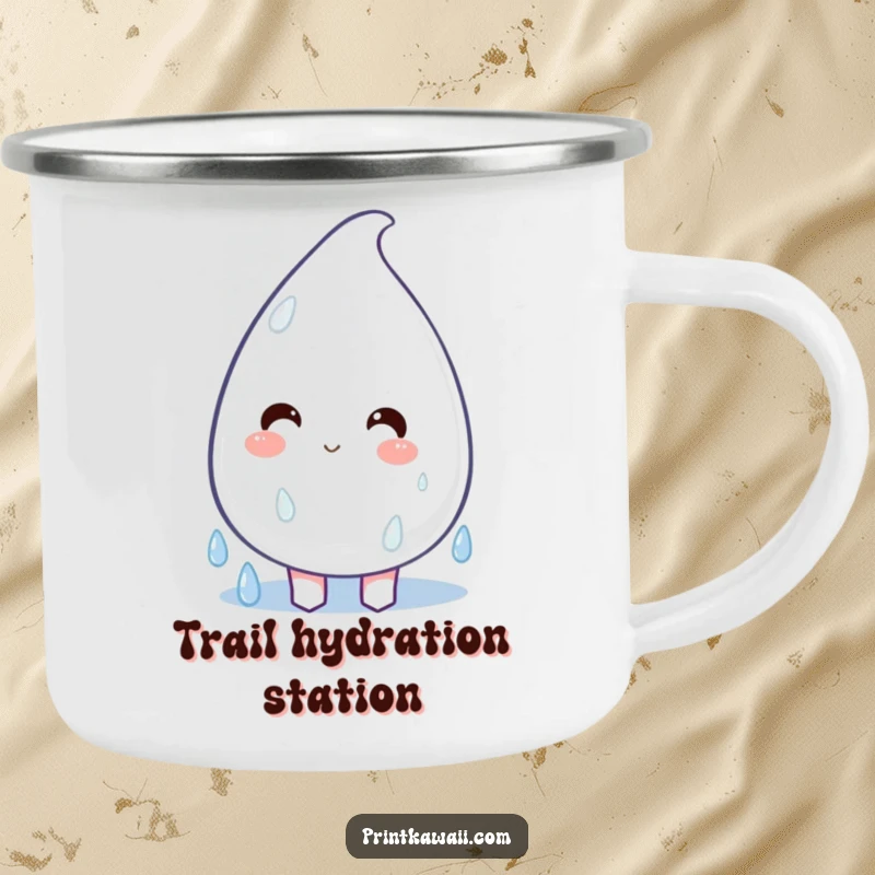 Funny Camping Mug showing a plump, happy raindrop character dripping with joy, perfect for enjoying drinks during outdoor adventures.