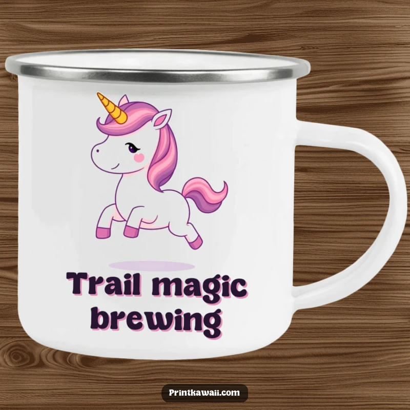 Funny unicorn character prancing happily on a rugged camping mug, perfect for outdoor adventures with a magical and humorous twist.