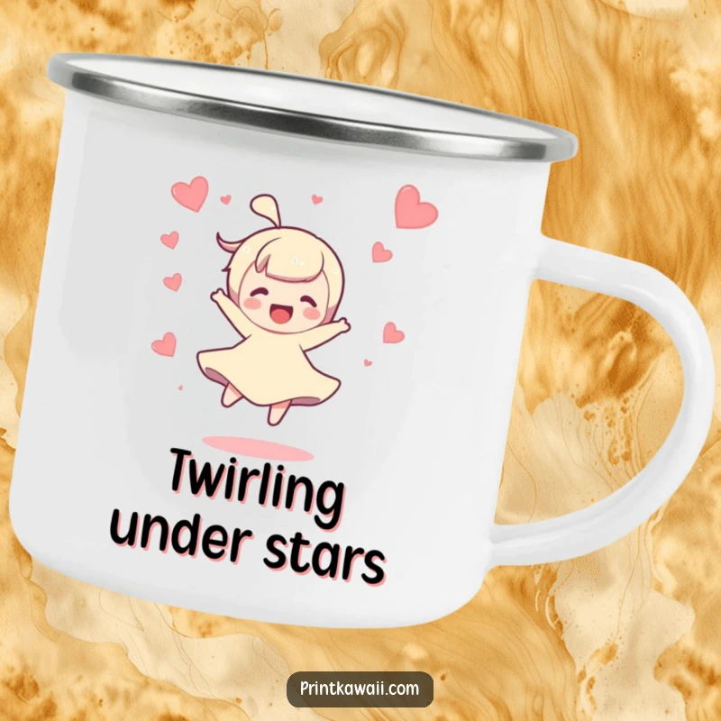 Funny camping mug featuring a character doing a joyful spin with hearts floating around, perfect for outdoor enjoyment.