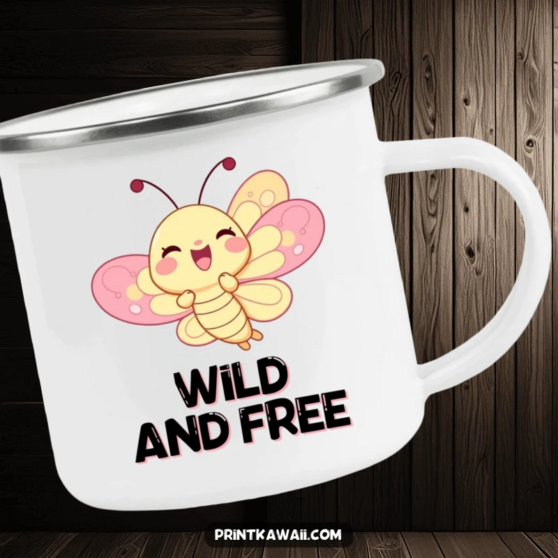 Funny delighted butterfly character on a camping mug, fluttering joyfully, perfect for outdoor adventures with a cheerful, funny touch, funny gift.