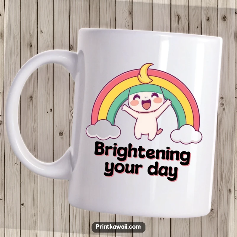 Funny Mug featuring a playful rainbow character arching joyfully, symbolizing happiness, hope, and vibrant positivity.