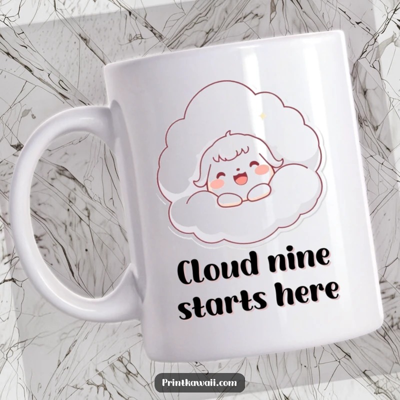 Funny Kawaii Cloud Hug Mug featuring a cute character joyfully embracing a massive, soft cloud, expressing pure happiness.