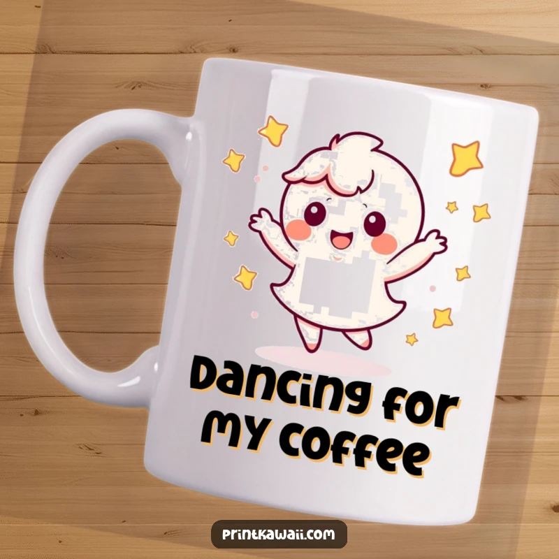 Funny Kawaii Dance Mug featuring a cute character doing a happy dance with twinkling stars swirling around, expressing pure elation.