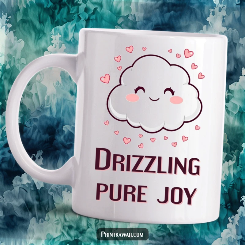 Funny mug with a smiling cloud character gently sprinkling tiny hearts, conveying love and softness, a sweet gift.