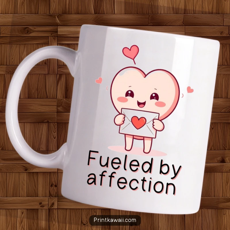 Funny Mug: A smiling heart character receives a love letter, perfect for enjoying beverages with a romantic touch.