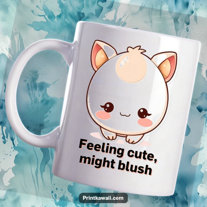 Funny mug showcasing a cute kawaii character with blushing cheeks and twinkling eyes, radiating happiness and charm.