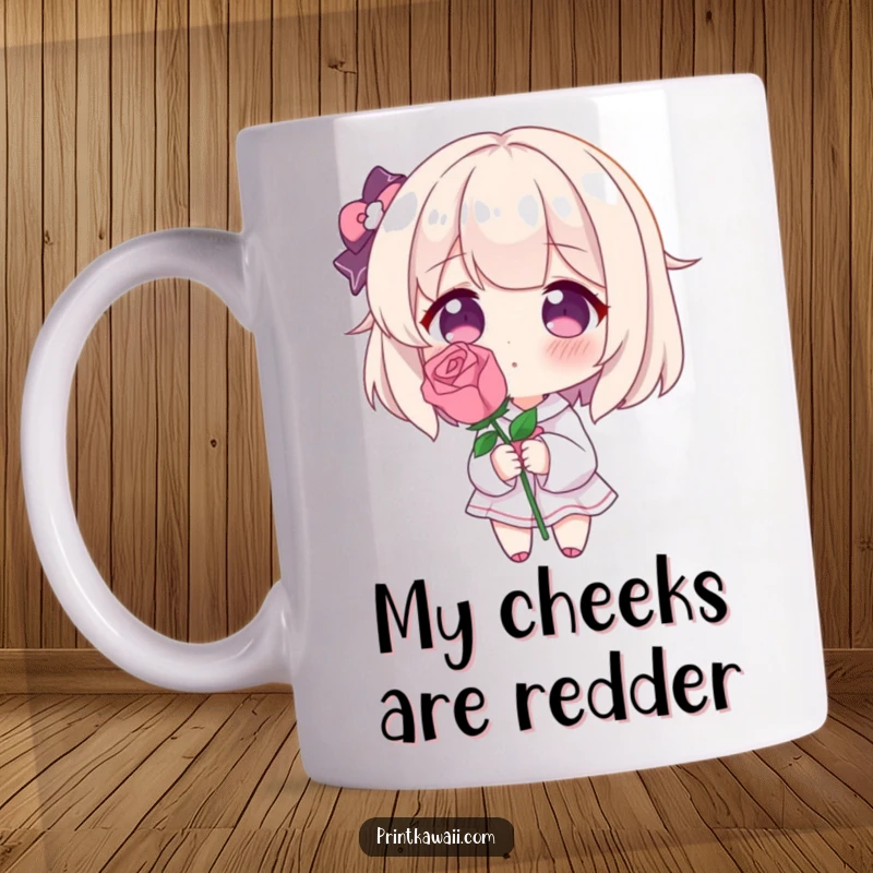 Funny mug featuring a character blushing deeply while holding a single, perfect rose, expressing sweet and shy affection adorably.