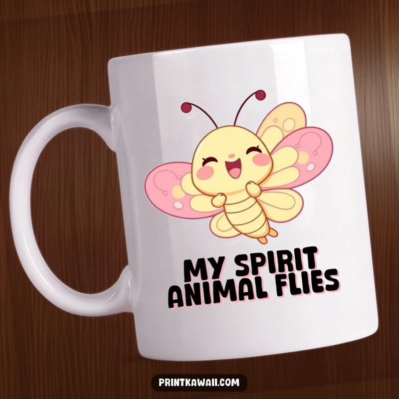 Funny delighted butterfly character fluttering joyfully on a mug, wings spread wide with happiness, a vibrant and funny design.