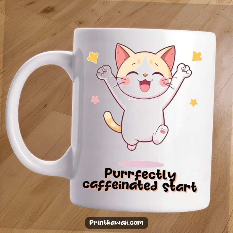 Funny ceramic mug showing a cute cat character leaping joyfully in celebration, embodying pure excitement and happiness.