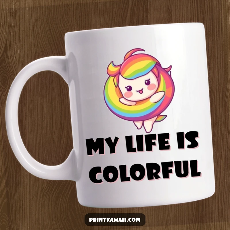 Funny ceramic mug featuring a joyful rainbow swirl character happily twirling, bringing colorful cheer and laughter.