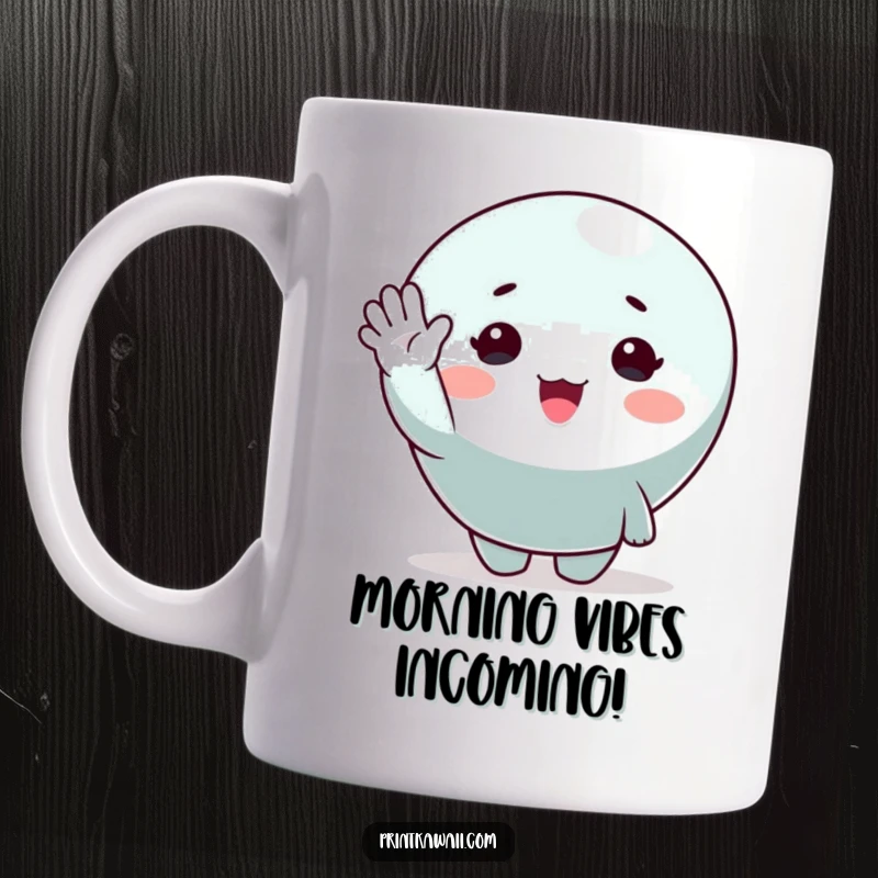 Funny mug with a cute character joyfully waving hello, showcasing a cheerful and friendly expression, perfect for spreading happiness.