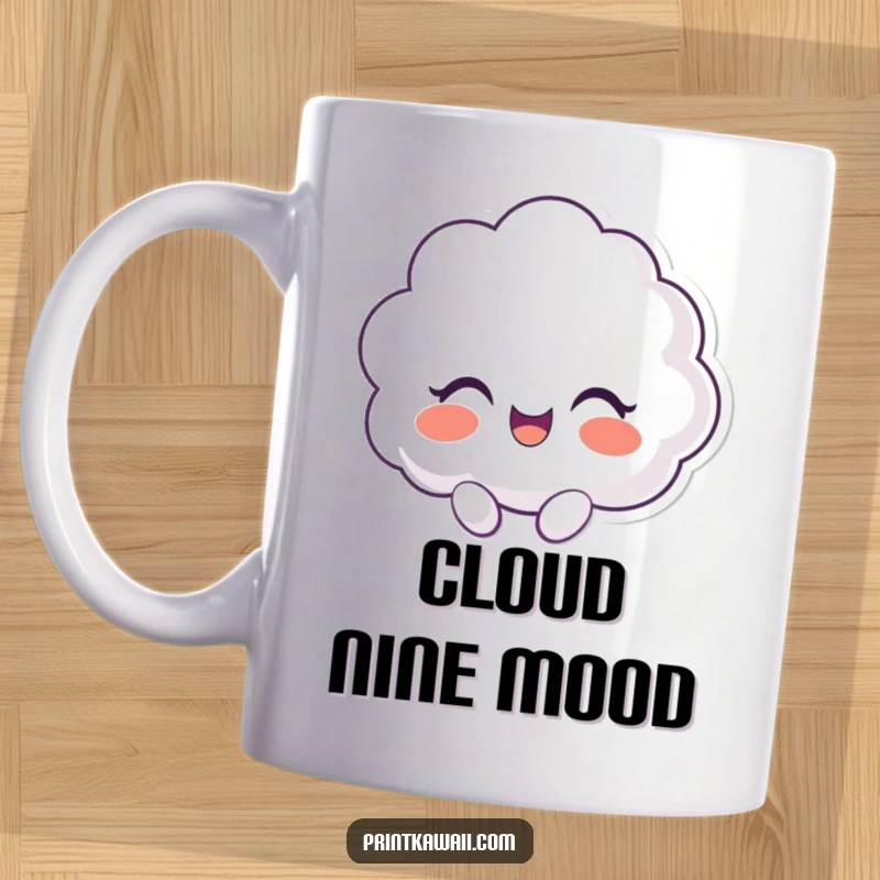 Funny ceramic mug depicting a happy cloud character giggling with sheer delight, radiating joy and lightheartedness.
