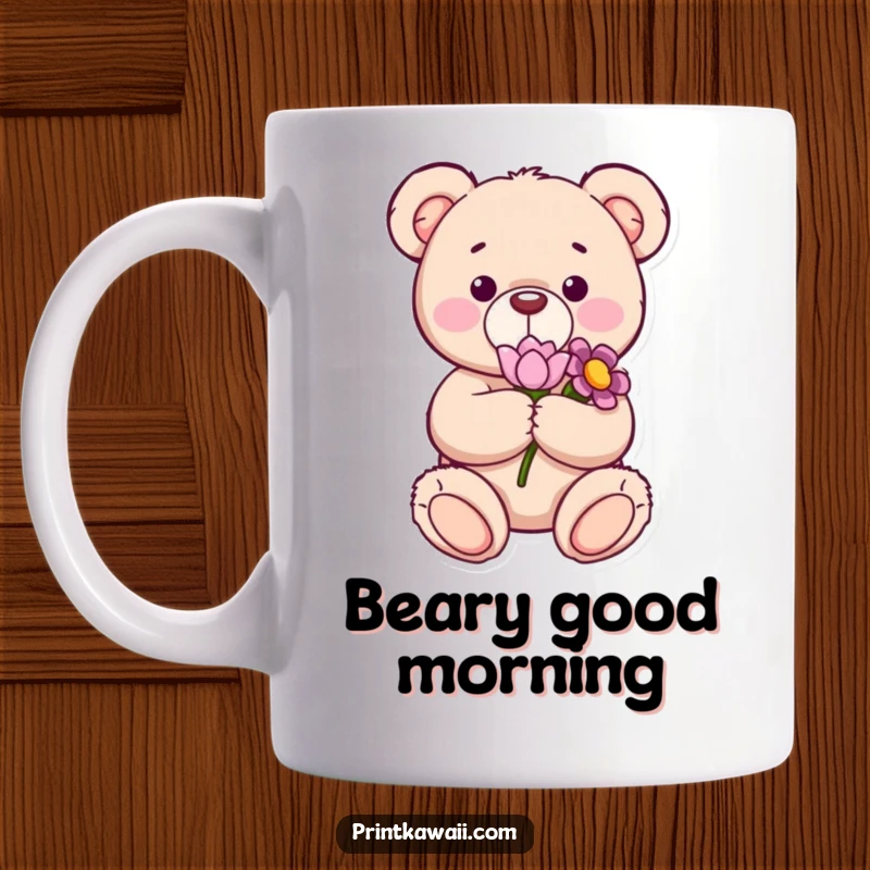 Funny mug featuring a content teddy bear character gently holding a delicate flower, exuding warmth and sweetness, perfect for a thoughtful gift.