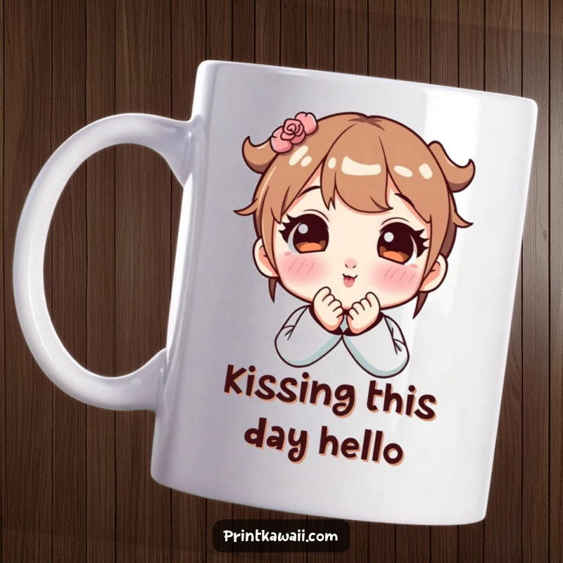 Funny mug with a cute character blowing a kiss, cheeks flushed pink, conveying playful affection and a charming 'mwah!'
