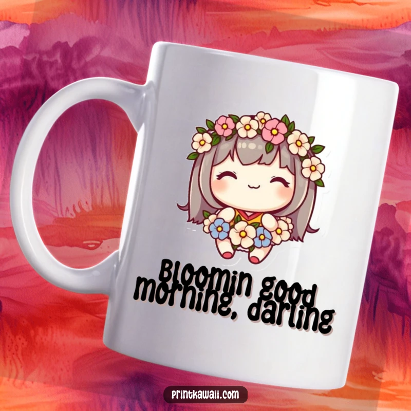 Funny mug with a cute kawaii character wearing a flower garland and smiling sweetly, embodying natural beauty and joy.