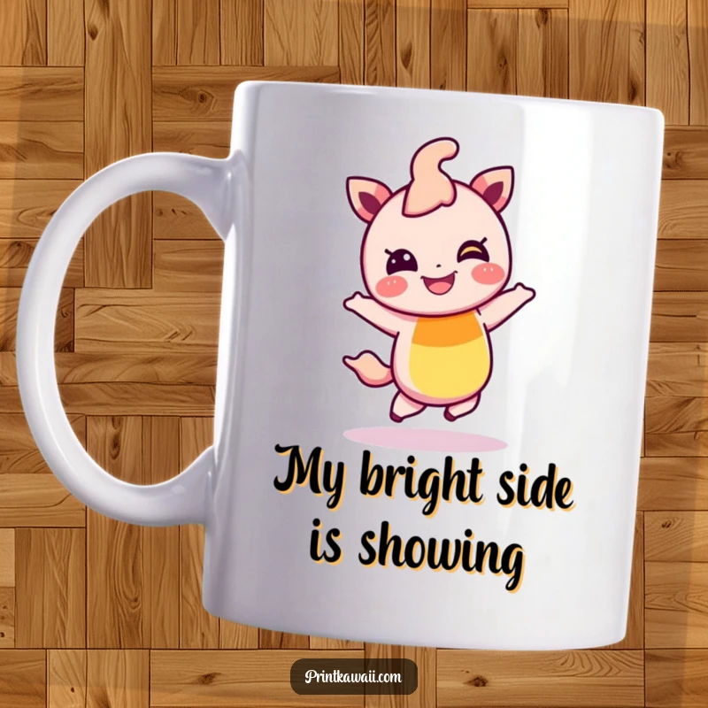 Funny mug featuring a giggling rainbow character joyfully hopping, radiating happiness and vibrant energy, perfect for a cheerful gift.