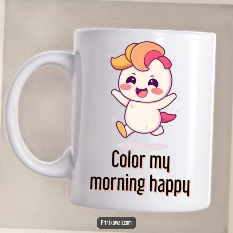 Funny Rainbow Mug featuring a giggling rainbow character doing a cheerful hop, radiating pure joy and colorful energy.