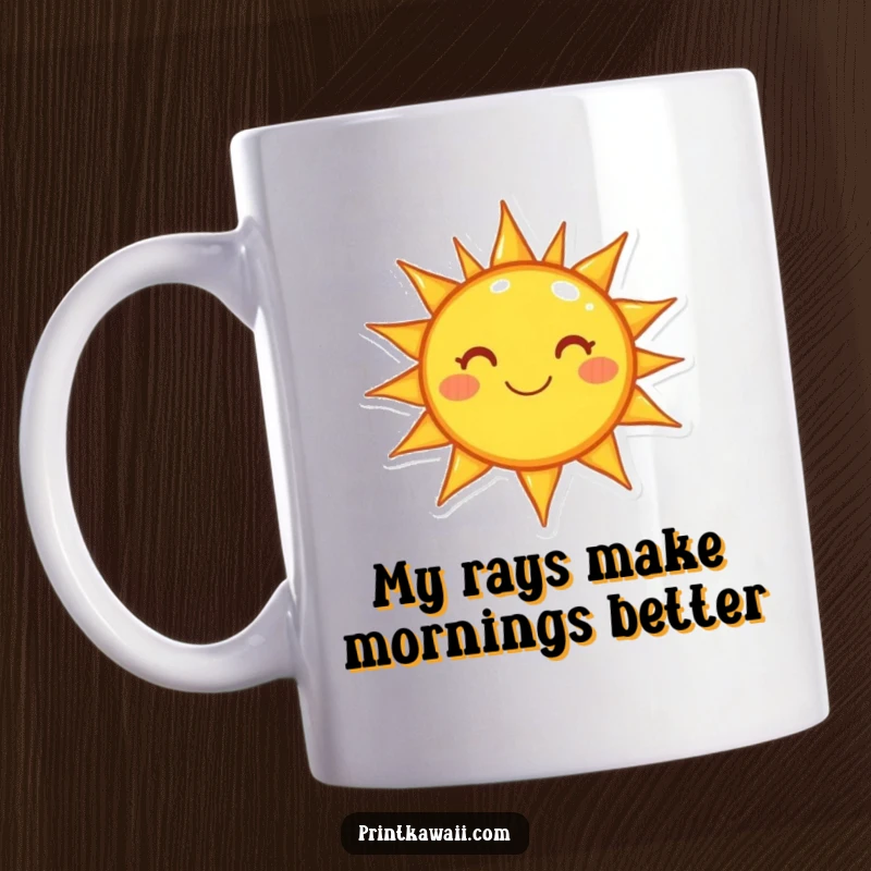 Funny mug featuring a cheerful sun character radiating happiness and warmth on a bright, sunny day.