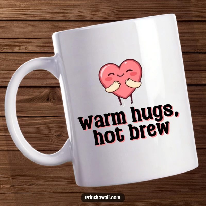 Funny mug featuring a cute, smiling heart character embracing the viewer in a warm, comforting hug, conveying love and happiness.