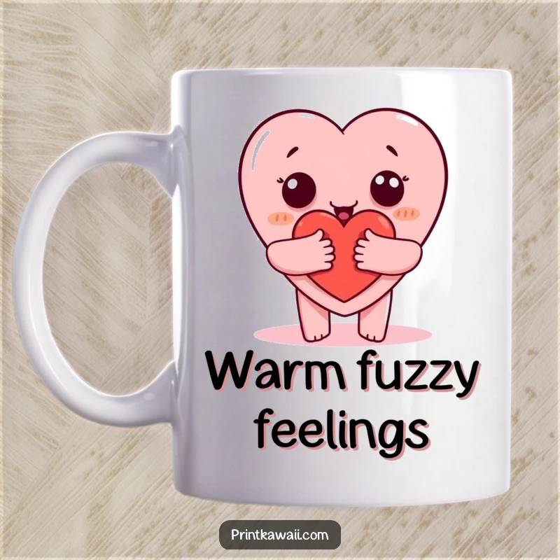 Funny mug with a smiling heart character giving a large, warm hug, conveying love and comfort, a sweet gift.