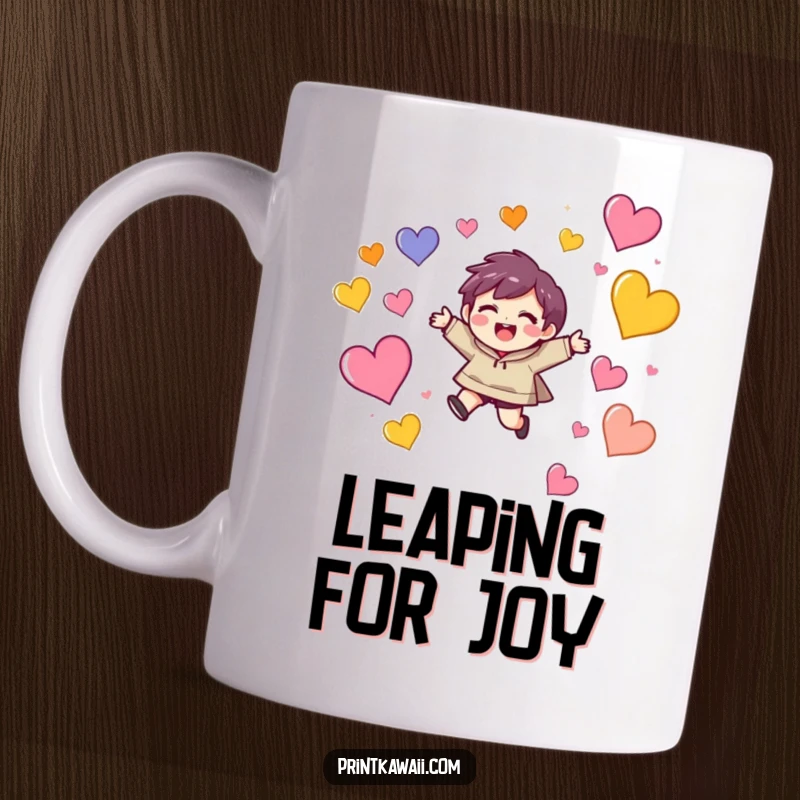 Funny mug showing a character with a delighted expression leaping joyfully amidst a shower of colorful, floating hearts.